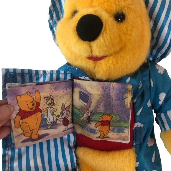 Vtg Winnie The Pooh Bear Read N Cuddle Toy Plush Blue Raincoat Colorful Day Book - Picture 7 of 14